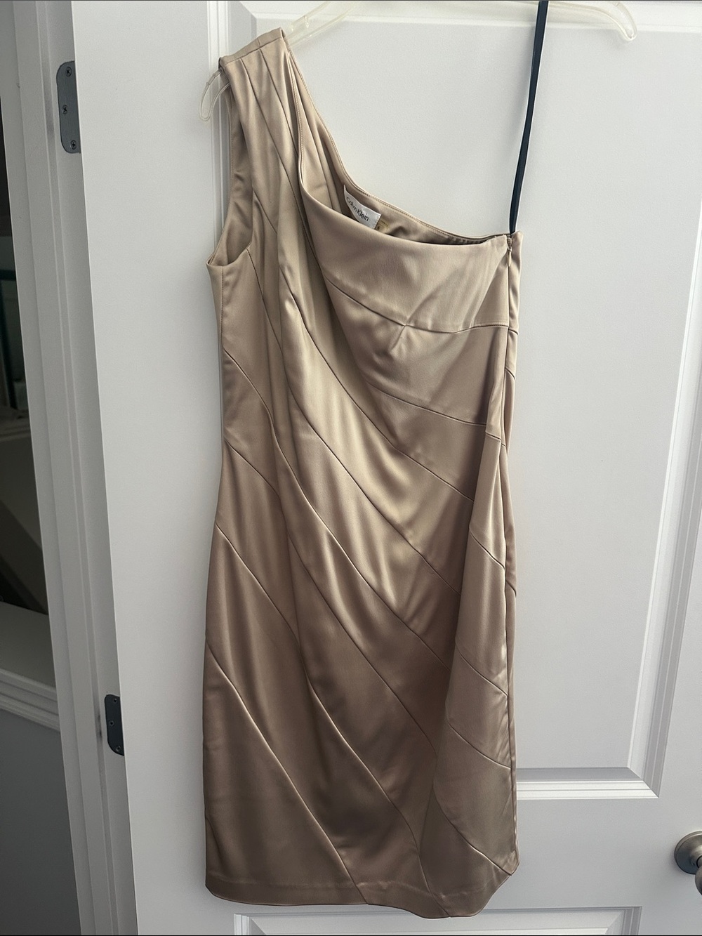 Calvin Klein One-Shoulder Satin Dress in Champagne